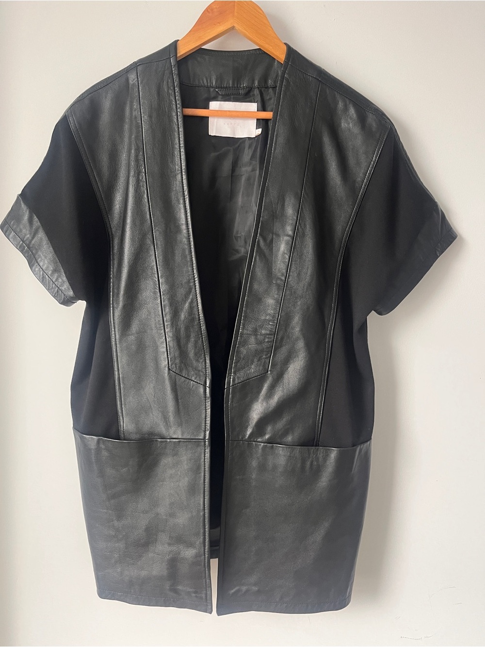 Kaffe Denmark Black Leather Mixed-Media Short Sleeve Open Jacket | Size 36/S